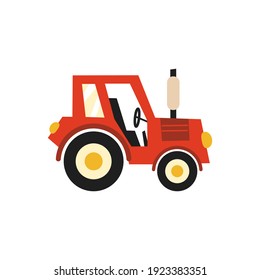 Flat tractor on white background. Red tractor icon -  illustration. Agricultural tractor - transport for farm in flat style. Farm tractor icon.