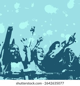 Flat vector design featuring four concertgoers pressing barrier, cheering under confetti and lights. Concert, audience, celebration, entertainment, festival, vibrant, energy