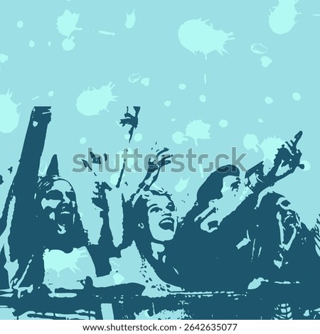 Flat vector design featuring four concertgoers pressing barrier, cheering under confetti and lights. Concert, audience, celebration, entertainment, festival, vibrant, energy