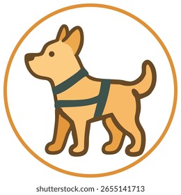 A flat vector icon of a guide dog wearing a harness, representing assistance for visually impaired individuals.