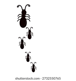 Flat vector illustration of black ants forming a diagonal line on green background, minimalist style representing teamwork, movement, cooperation, discipline, and insect behavior concept.