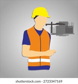 Flat vector illustration of a construction worker wearing a safety helmet and reflective vest. Industrial labor and workplace safety concept with minimal background.
