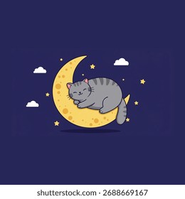 Flat vector illustration of a cute sleeping cat resting on the moon surrounded by stars and clouds. Perfect for bedtime themes, children’s art, or pet lovers
