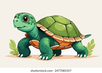Flat Vector Illustration of a Green and Brown Turtle on a White Background