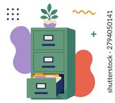 Flat vector illustration of green filing cabinet with open drawer and potted plant on top