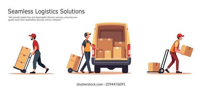 Flat vector illustration set of delivery workers handling packages, using hand trucks, and loading a van. Isolated illustrations on a white background, perfect for logistics and courier services.