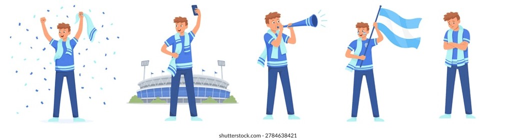 Flat vector illustration set of a young male sports fan in a blue team jersey and scarf shown in five different scenes: celebrating with confetti falling, taking a selfie in front of a stadium, blowing a vuvuzela horn, waving a large blue and white flag with face paint, and standing with arms crossed in a disappointed or sad expression.