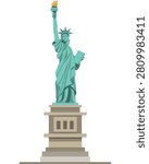 Flat vector illustration of the Statue of Liberty isolated on a white background. Ideal for travel, tourism, American history, landmarks, education, patriotic themes, and New York City promotional materials.