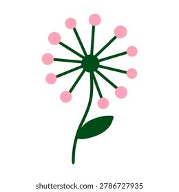 Flat vector illustration of a stylized allium flower with a dark green stem, a single leaf, and circular pink blossoms radiating from the center.