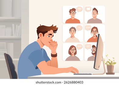 Flat vector illustration of a virtual team video conference with a diverse group of professionals communicating via online meeting platform, collaborative project discussion