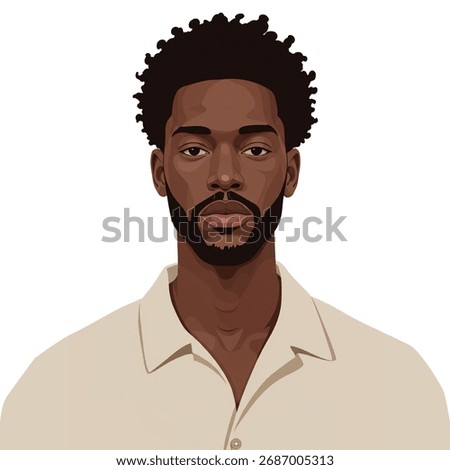 Flat vector portrait of a dark-skinned man with short curly hair and confident look, highlighting diversity, inclusion, and authentic male beauty.