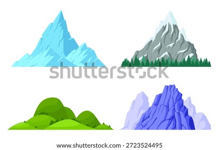 Flat vector set of stylized mountain landscapes including icy blue peaks, rocky snow mountains with pine forest, green rolling hills, and purple stone cliffs. Isolated on white for games, maps, and UI design.