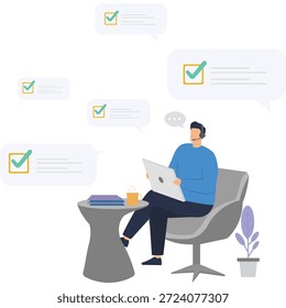 Flat vector style illustration of support specialist solving customer issues with headset and computer screen displaying completed task checklist stock illustration