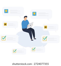 Flat vector style illustration of support specialist reviewing remote tickets with headset in multitasking customer service environment stock illustration