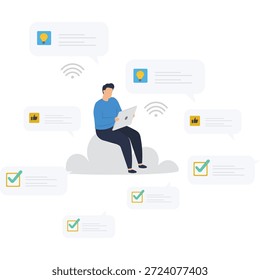 Flat vector style illustration of support specialist communicating task checklist remotely using headset and wireless internet connection stock illustration
