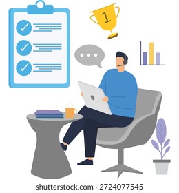 Flat vector style illustration of support specialist checking completed checklist with headset and computer at office desk in customer service task monitoring stock illustration