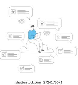 Flat vector style illustration of support specialist communicating task checklist remotely using headset and wireless internet connection stock illustration