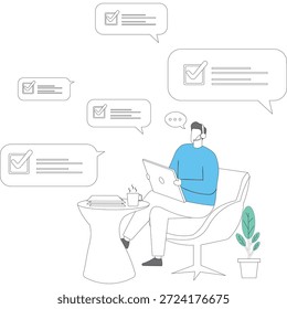 Flat vector style illustration of support specialist solving customer issues with headset and computer screen displaying completed task checklist stock illustration