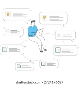 Flat vector style illustration of support specialist reviewing remote tickets with headset in multitasking customer service environment stock illustration