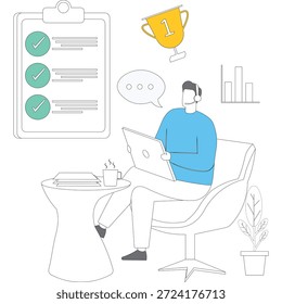 Flat vector style illustration of support specialist checking completed checklist with headset and computer at office desk in customer service task monitoring stock illustration