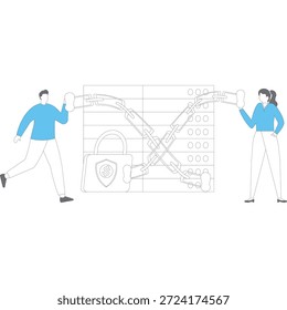 Flat vector style illustration of three people wrapping server with chain links padlock for data encryption and network security stock illustration