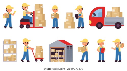 Flat warehouse. Factory truck, logistic operator and cute delivery team. Transporting service, post industry. Workers in uniform decent set - Powered by Shutterstock