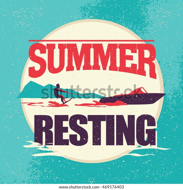 Flat water skiing logo illustration. Vintage,\
retro style. Surfer silhouette. Human figure. Extreme sport, summer\
resting. Summer banner, poster, placard, travel card design\
template.