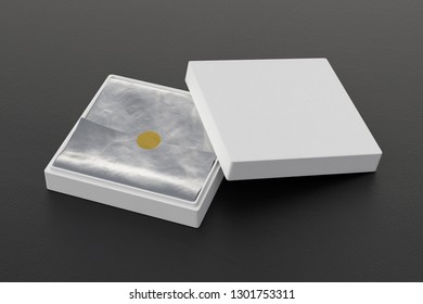 Flat white square box with silver wrapping paper on black background. 3d illustration
