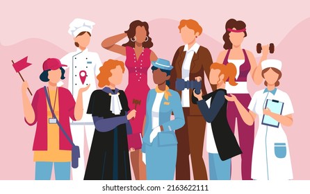 Flat Woman Professionals Crowd, Girl Power, Career Equality. Female Occupations, Profession And Jobs. Strong Business Women  Concept. Illustration Of Crowd Professional Female