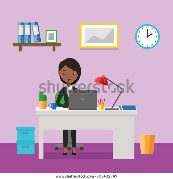 Flat Woman Sitting Desk Workspace Home Stock Illustration 705432949