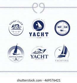 Flat Yacht Club, Regatta Logo Design Set. Sailing Boat, Ship Icon, Silhouette Collection. Emblem, Badge Template. Nautical School, Club Brand Mark Sample.