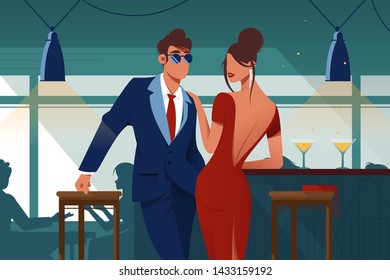 Flat Young Romantic Couple In Restaurant On Date. Concept Man With Suit And Woman With Red Dress Characters Drinking Martini In Glass Goblet. Illustration.