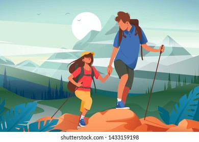 Flat young woman and man couple hiking in mountains. Concept friend characters with equipment in journey on forest and river background. illustration. - Powered by Shutterstock