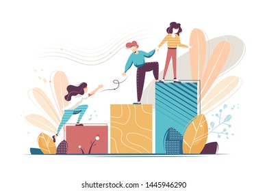 Flat young woman and man helping and growing together. Concept businessman and businesswoman characters relationship, extending a helping hand to colleague. illustration. - Powered by Shutterstock