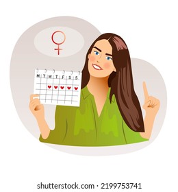 Flat Young Woman Mark Date Of Menstrual Periods In Calendar. Menstruation Cycle Control Or Pregnancy Planning. Pms Tracker Or Ovulation Day. Concept Of Women Health, Prediction Of Fertile Days.