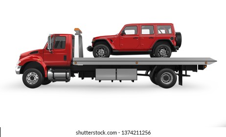 Flatbed Tow Truck 3D Rendering Isolated on White