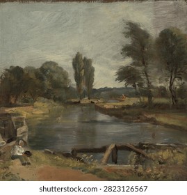 Flatford Lock by John Constable. Romanticism painting, vintage artwork.