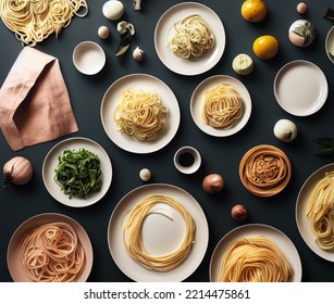 Flatlay Of Cooked Pasta Dishes On A Black Tabletop. Delicious Meals. Top Down View, Flatlay.