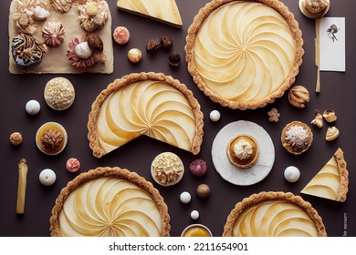 Flatlay Of Decadent Caramel Tarts And Confectionery On A Black Table, Top Down View.