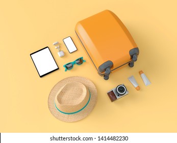 Flatlay with sun glasses, slippers, hat, suntan cream, phone and camera on orange minimal style background. Travel concept. 3D model render visualization illustration - Shutterstock ID 1414482230