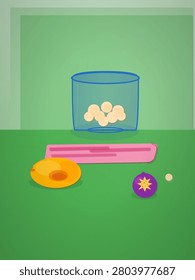 A flat-style digital illustration features a clear cylindrical container holding white puffy snacks on a green surface alongside a yellow-orange fruit slice, a purple star-shaped pastry, a pink rectangular object, and a small white sphere.