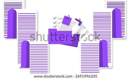 Flat-style digital illustration representing document organization and task management. A central purple folder holds clipped papers with checkmarks, symbolizing completed tasks.