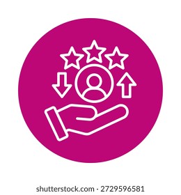 Flat-style icon representing customer feedback with a hand holding a user symbol and stars, isolated on a clean background, suitable for UI design.