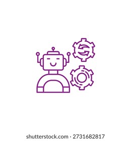 Flat-style icon of a smiling robot with two gears, suitable for UI and web design. Isolated on a clean background.