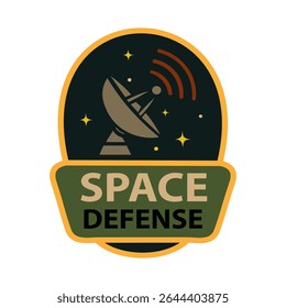 Flat-style space defense patch featuring a satellite dish emitting a signal. Ideal for science fiction designs, scouts, or futuristic merch
