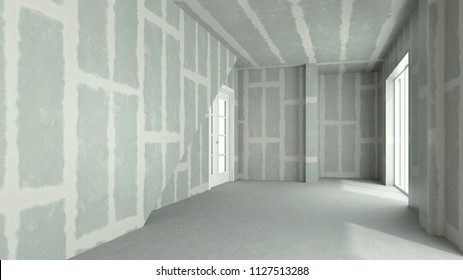 Flattened drywall walls in a room of a house (3d rendering)