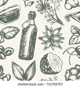 Flavoured Products - One Color Hand Drawn Seamless Pattern. Realistic Fennel, Bay Leaf, Star Anise, Basil, Ginger Plant, Capers, Kaffir Lime, Soy Sauce, Sunflower Oil, Cayenne Pepper.