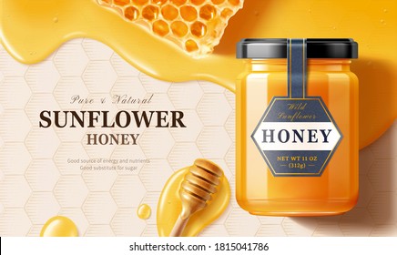 Flay lay of honey jar over liquid with honey dipper in 3d illustration on honeycomb engraved backgruond
