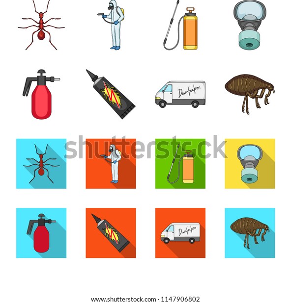 Flea, special car and equipment\
cartoon,flat icons in set collection for design. Pest Control\
Service bitmap symbol stock web\
illustration.