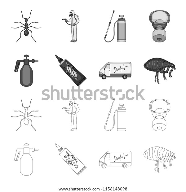 Flea, special car and equipment\
outline,monochrome icons in set collection for design. Pest Control\
Service bitmap symbol stock web\
illustration.